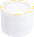 bUCLA 100Pieces Gold Plastic Dinner Plates - 10.25inch White and Gold Plates Disposable for Party - Ideal for Wedding, Party & Daily Use