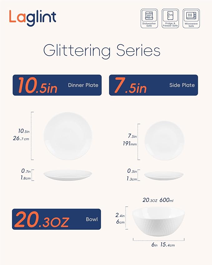 Dinnerware Sets for 4, Light & Durable 12 Pieces Opal Glass Plates and Bowls Set, Dishwasher and Microwave Safe Dish Dinning Ware, Thin but Strong Geometric Faceted White