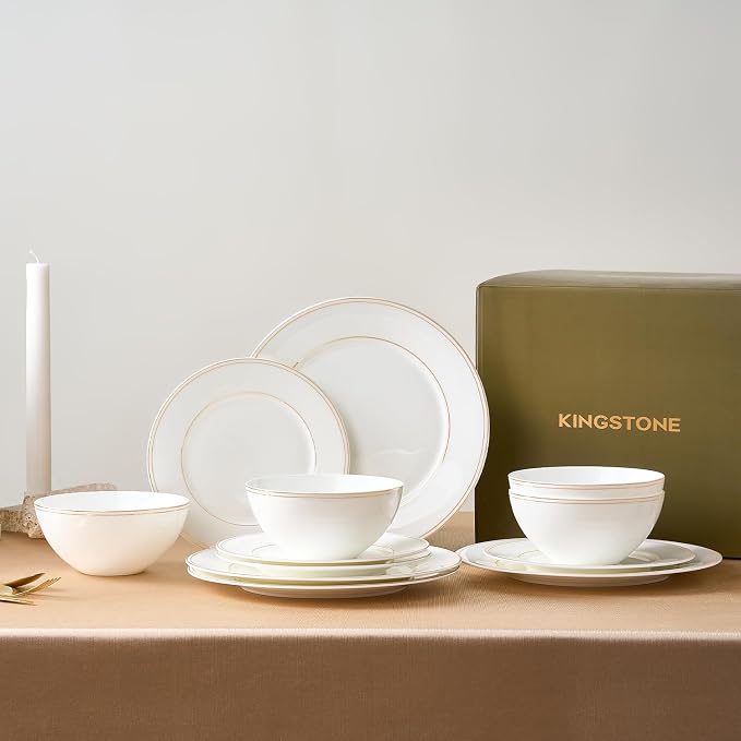 24Pcs Gold Trim White Bone China Set, Service - Image 9