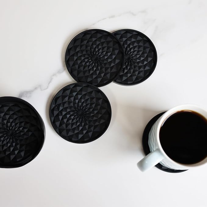 Silicone Coasters [6 Pack] with Holders Drink Coasters, Table Cup Mat, for Hot or Cold Drinks Thickened, Non-Slip, Non-Stick, Deep Tray Black