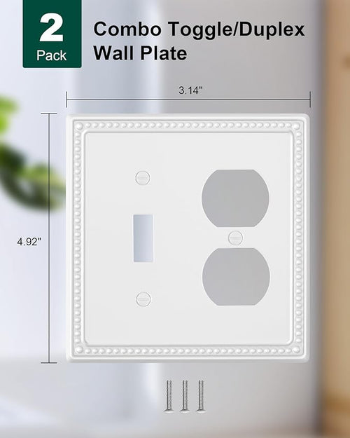 2-Pack Combo Toggle/Duplex Light Switch Cover Plate, Pure White Metal Wall Outlet Cover Plate, Decorative Classic Beaded Wall Socket Receptacle Cover for Electrical Outlets, Light Switch