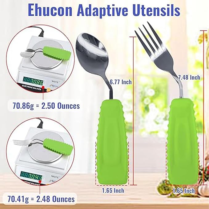 Adaptive Utensils for Hand Tremors,Weighted Utensils with Non-Slip Handle to Easy Grip for Elderly Use (Right Hand 1pc Fork+1 pc Spoon=2 pcs,Green)