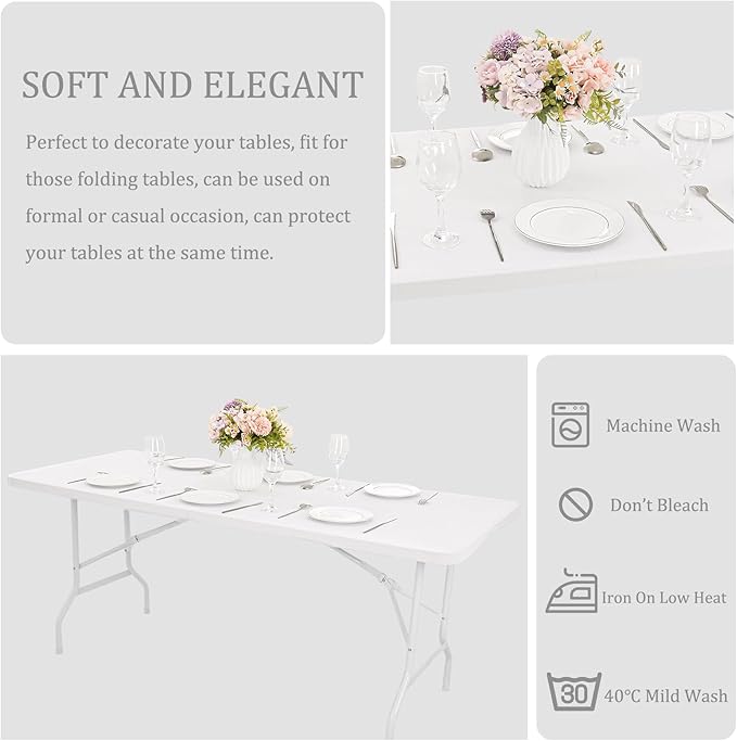 4 Pack Spandex Table Top Cap Cover Stretch Fitted Washable Elastic Rectangle Tablecloth for 8 FT Folding Tables for Indoor Outdoor Party (96 x 30 Inches, White)