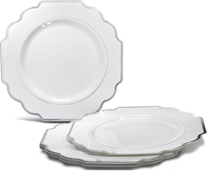 " OCCASIONS " 240 Plates Pack (120 Guests) Heavyweight Wedding Party Disposable Plastic Plates Set -120 x 10.5'' Dinner + 120 x 8'' Salad/Dessert Plate (Imperial in White & Silver Rim)