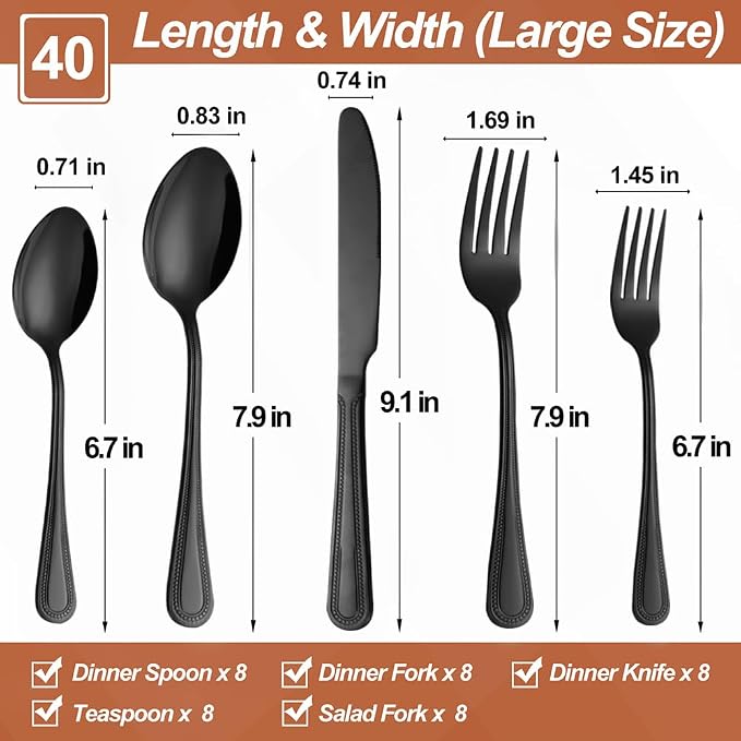 40 Pcs Black Silverware Set for 8, Food Grade Stainless Steel Flatware Set - Image 2