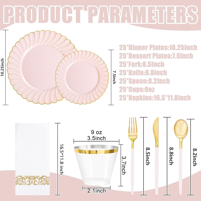 Ciaell 175 PCS Pink Scalloped Plastic Plates with Gold Trim - Pink Plastic Silverware with Handle - Fancy High-End Dinnerware Sets for Wedding & Baby Showers & Party & Valentine's Day