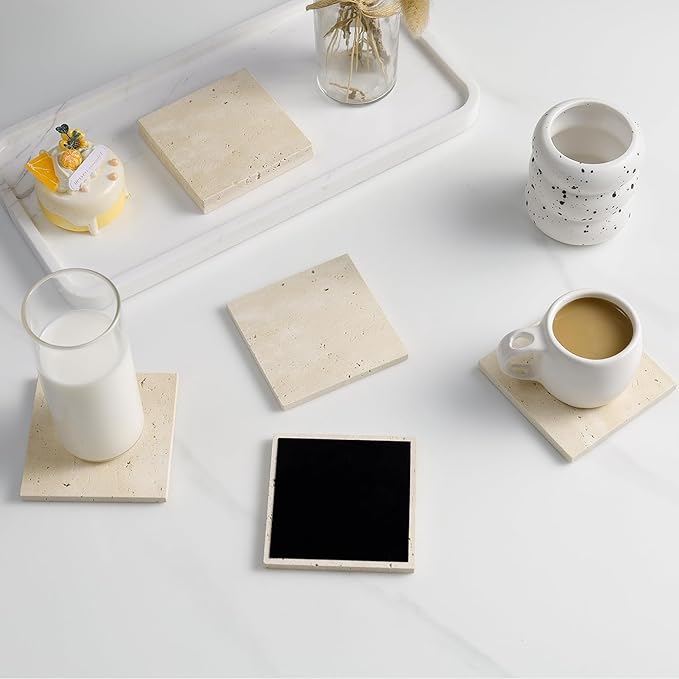 Square Travertine Coasters Set of 6, Porous Natural Stone Absorbent Coaster with Velvet Backing for Table Protection, Rustic Beige Marble Coasters for Home Table Decor, 4 Inches