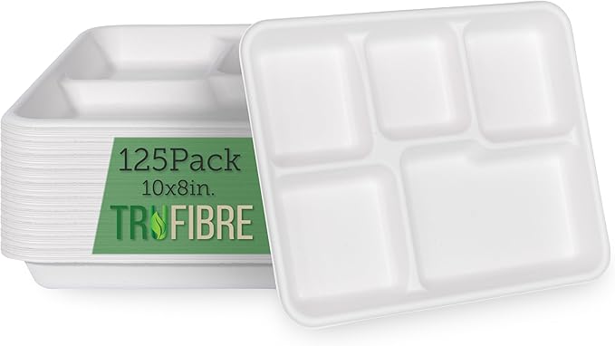5 Compartment Plates, 100% Natural Disposable Biodegradable Plates, Lunch Trays for Cafeteria, Food, Meals, Dinner, Bulk, 10.35x8.35 Inch,125 Pack
