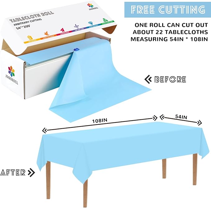 54 Inch X 200 Feet Plastic Table Cover Roll with Convenient Slide Cutter, Disposable Plastic Table Cloth Roll with Cut-to-Size Design for Weddings, Banquets, Parties (Light Blue)