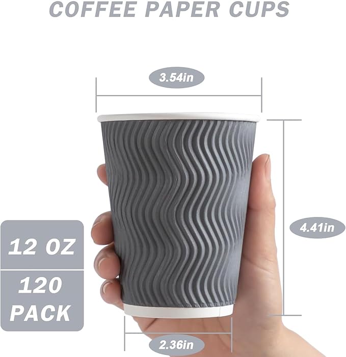 Coffee Cups 12 oz 120 Pack, Corrugated Insulated Ripple Wall Disposable Paper Coffee Cups 12oz, To Go for Hot Beverage or Cold Drinks Office/Home/Cafe/Party/Travel (Gray) | Corrugated, Insulated, Ripple Wall, Disposable, 12oz, To Go