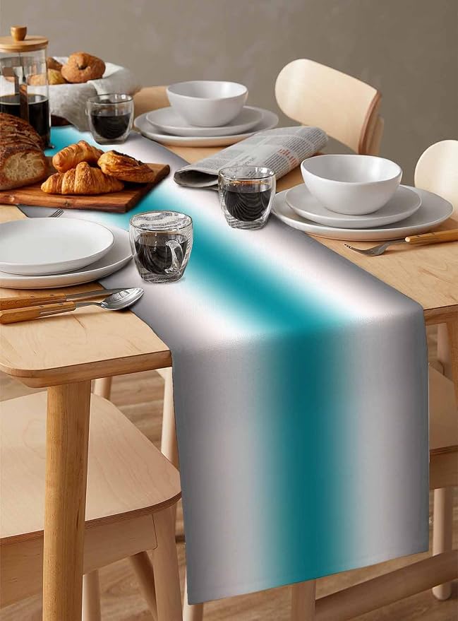 Turquoise Gray Ombre Table Runners 60 Inches Long, Farmhouse Teal Gradient - Image 3