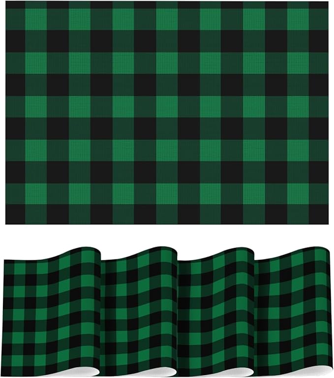 Artoid Mode Buffalo Plaid Vinyl Placemats Set of 4, 12x18 Inch Washable Non-Slip Heat Resistant Plastic Place Mats for Party Dining Table, Black/Green