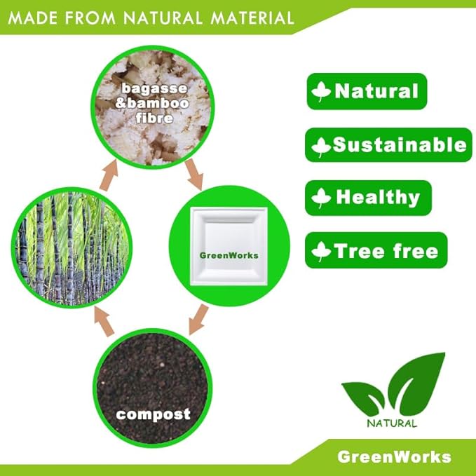 GreenWorks 8 inch and 10 inch Compostable Plates (each 50 Count), 100 Count Bagasse and Bamboo Fiber Disposable Paper Plates