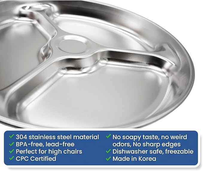 Korean Stainless Steel Divided Plates for Toddlers, Kids, Babies, 8-Inch, Premium 304, Electro-Polished, No Black Residue, BPA-Free, Round 3-Compartment Food Tray, Camping, Diet Control, Set of 2