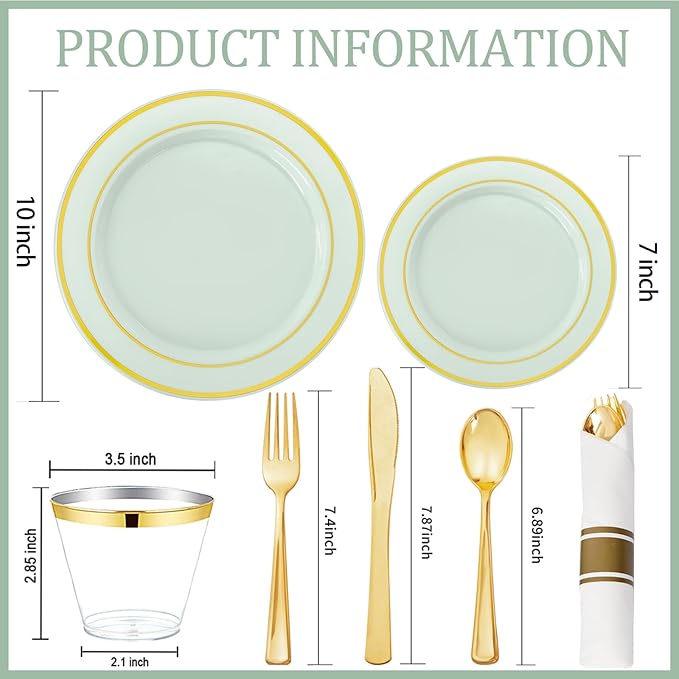 175PCS Sage Green Plastic Plates - Heavy Duty Green Plates Disposable - 25Guests Plastic Dinnerware with Rolled Napkins for Spring/Birthday/Baby Shower/Easter
