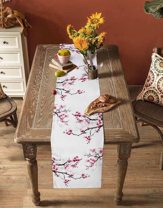 Pink Cherry Flowers Table Runners 90 Inches Long, Cotton Linen Fabric Table - Image 4