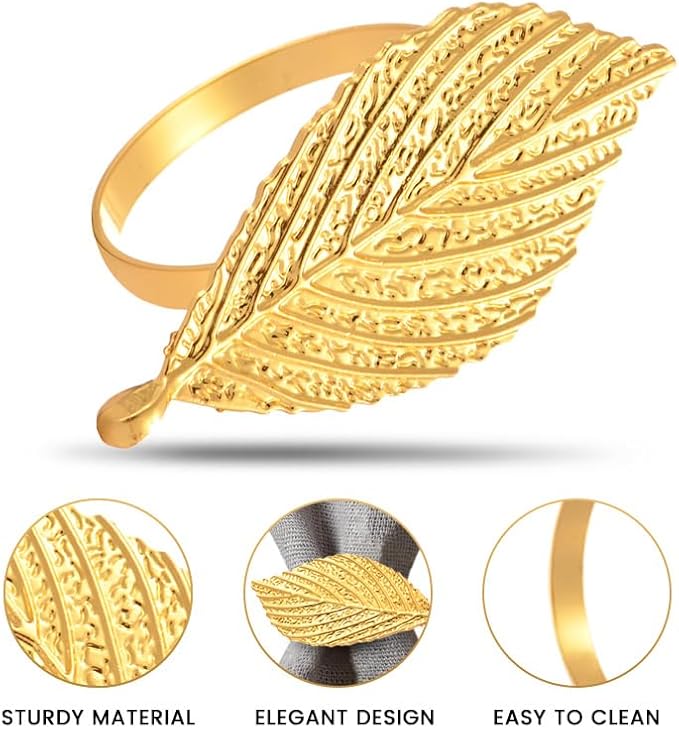 Decozen Set of 12 Gold Napkin Rings in Leaf Design, Festive, Table Decor Setting for Holiday, Wedding, Birthday, Kitchen, Home Decor, Housewarming Gift - Mothers Day Decorations