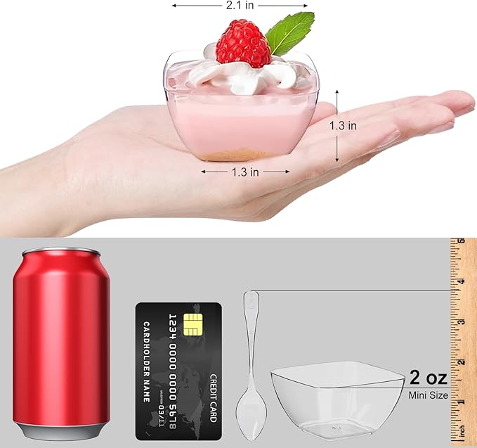 TOFLEN 200ct 2 oz Mini Dessert Cups with Spoons, Clear Plastic Reusable Small Party Serving Cups for Appetizers, Hors D'oeuvres Plates
