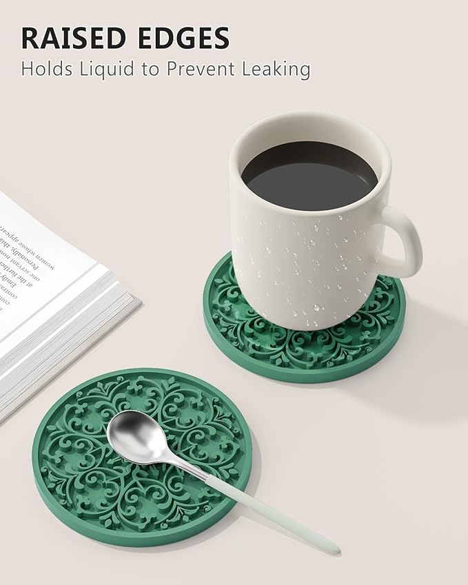 Drink Coasters, Coasters Set of 6 for Cup with Holder, Non-Slip Silicone Cup Mats for Hot and Cold Drinks, Cute Absorbent Coffee Bar Accessories Table Decor, Green