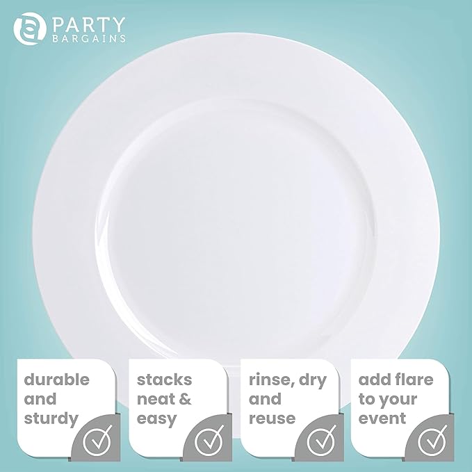 PARTY BARGAINS 13-Inch Charger Plates - 48 Pack, White, Heavy-Duty Disposable Chargers for Elegant Dining - Ideal for Weddings and Formal Events
