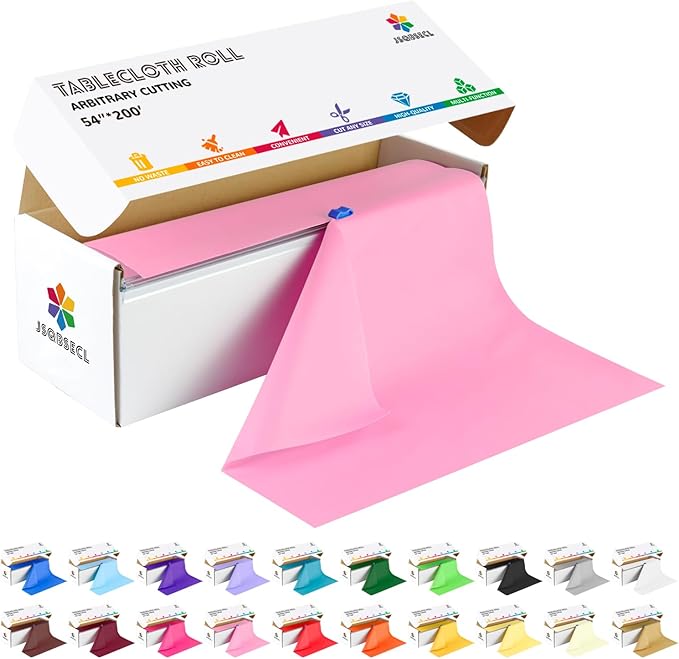54 Inch X 200 Feet Plastic Table Cover Roll with Convenient Slide Cutter, Disposable Plastic Table Cloth Roll with Cut-to-Size Design for Weddings, Banquets, Parties (Pink)