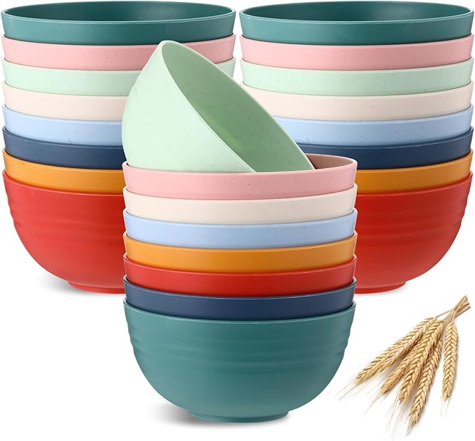 Eccliy 24 Pcs Wheat Straw Bowl Sets, Unbreakable Cereal Bowl 24 oz, Microwave and Dishwasher Safe Bowls for Cereal, Salad, Snack and Soup, Winter Style(Pink, Blue, Green, Beige, Orange, Yellow)