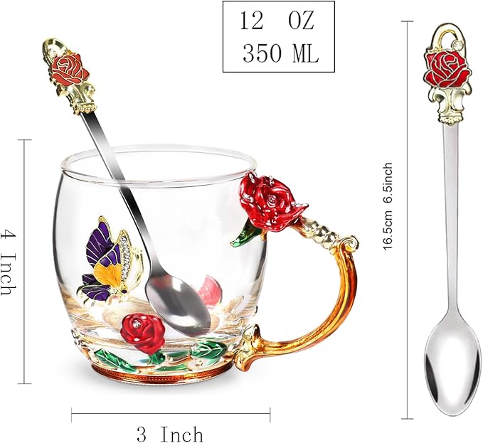 Flower Tea Cup, Butterfly Rose Clear Glass Fancy Coffee Mug - Image 2