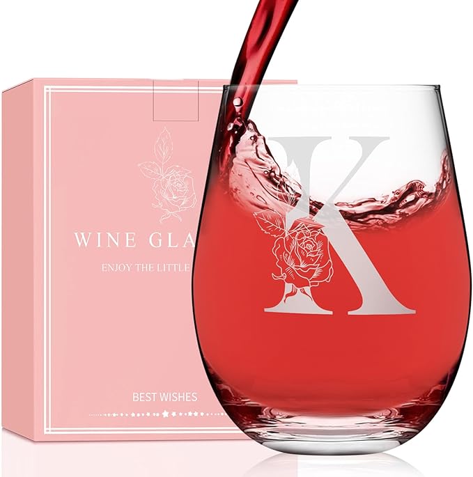 Valentines Day Gifts for Her, Gifts for Women Her Friend Mom Grandma Wife Sister Bridesmaid Nurse, Birthday Galentines Mothers Day Christmas, Personalized Initial Customized Wine Glasses 18OZ(K)