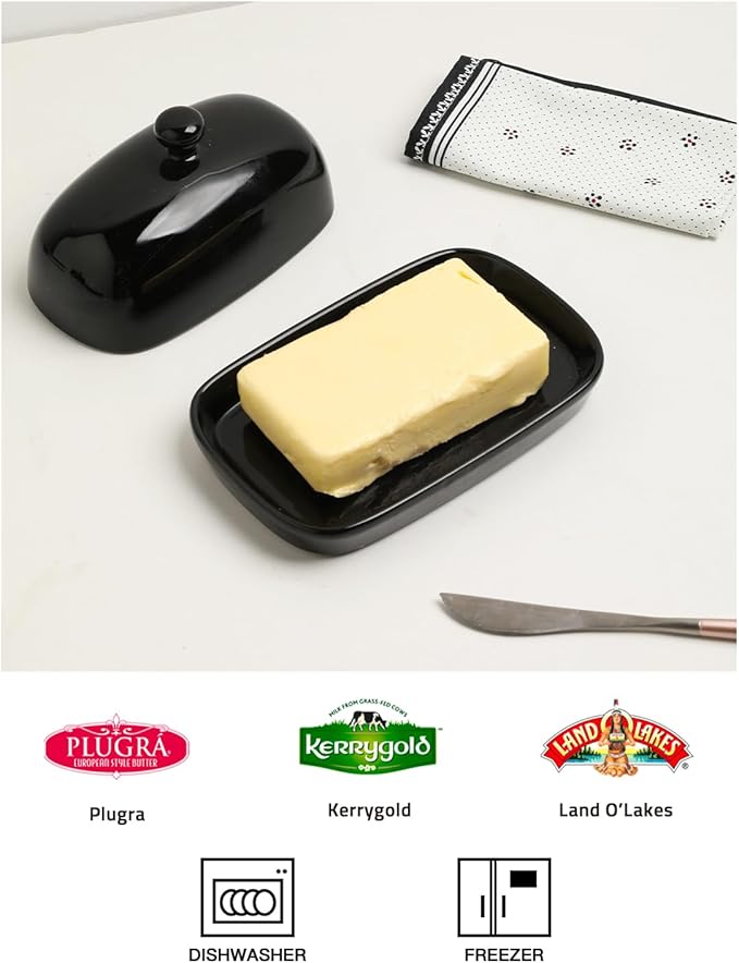 Sweejar Ceramic Butter Dish with Lid for Countertop,Porcelain Butter Keeper with Knob Handle,Butter Container for East/West Coast Butter, 7.1*3.7 inches (Black)