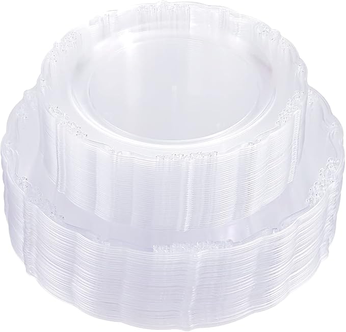 U-QE 100 Pieces Clear Plastic Plates - Clear Disposable Plates - Premium Hard Plastic Plates for Party, Holiday and Party Use Including 50 Dinner 10 '' & 50 Dessert Platos 7.5 ''