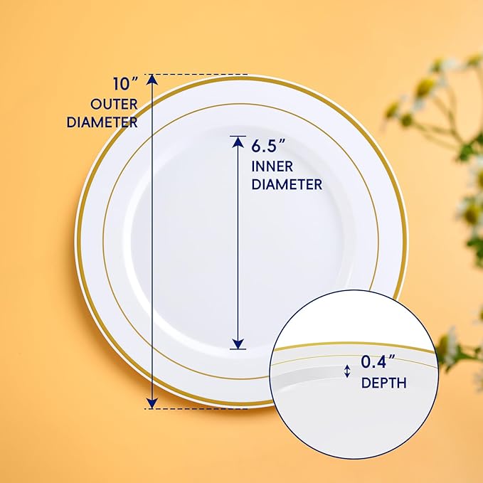 JOLLY CHEF 200 Pieces Gold Plastic Plates, 10 Inch Elegan Disposable Plates White Plate with Gold Rim,Plastic Plates for Christmas、Birthdays and Weddings