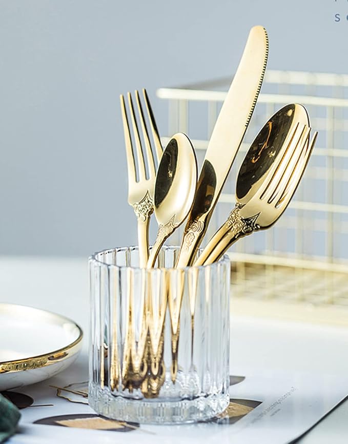 Gold Silverware Set for 10 Premium 18/10 Stainless Steel Flatware Set Palace Style 50 Piece Cutlery Tableware Utensils Embossed Decorative Handle Knives Forks and Spoons for Home Christmas Wedding