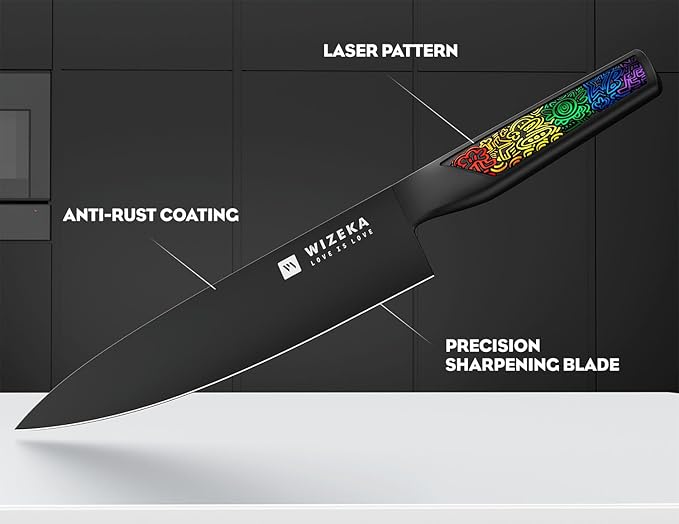 WIZEKA Chef Knife: 8 Inch: Extreme Sharp Kitchen Knife: Full Tang High Carbon Stainless Steel: Chef's knife with Ergonomic Handle with Unique Patterns,Rainbow Series