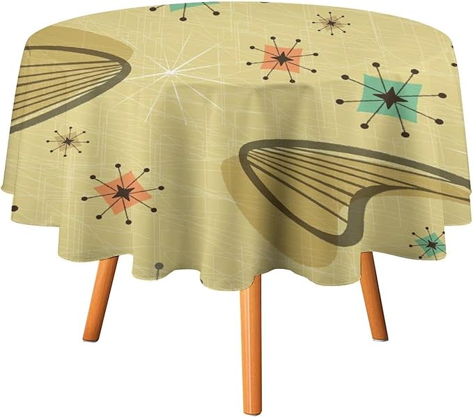 Mid Century Round Tablecloth, Retro Abstract Atomic Boho Geometric Art Printed Tablecloth for Home Party Dining Room Kitchen Decor 60Inch(152cm)