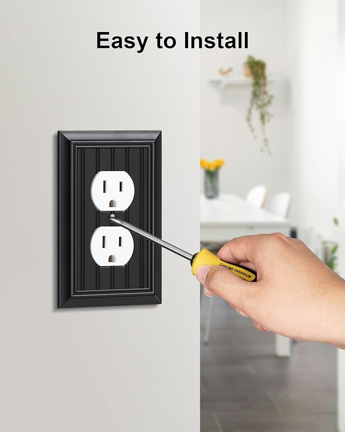 4-Pack Classic Beadboard Duplex Outlet Cover Plate, Decorative Matte Black Switch Plates and Outlet Covers, Natural Bamboo Fiber Wall Plates for Electrical Outlets, 1 Gang Receptacle Cover