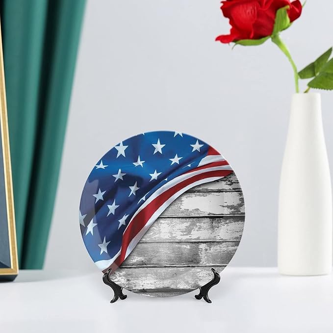 Ceramic Plates, American Flag Decor Decorative Ceramic Plates, Flag Over Antique Rustic Rippled Board, 8 Inch, for Dining, Parties, Wedding, Grey Navy