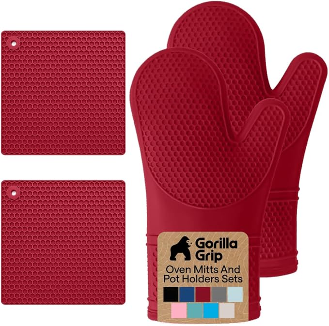 GORILLA GRIP BPA-Free Soft Silicone Oven Mitts and Pot Holders Sets of 4, Heat Resistant Waterproof Cooking Gloves, Thick Cotton Lining, Flexible Gripping for Baking Grilling, Kitchen Trivets, Red