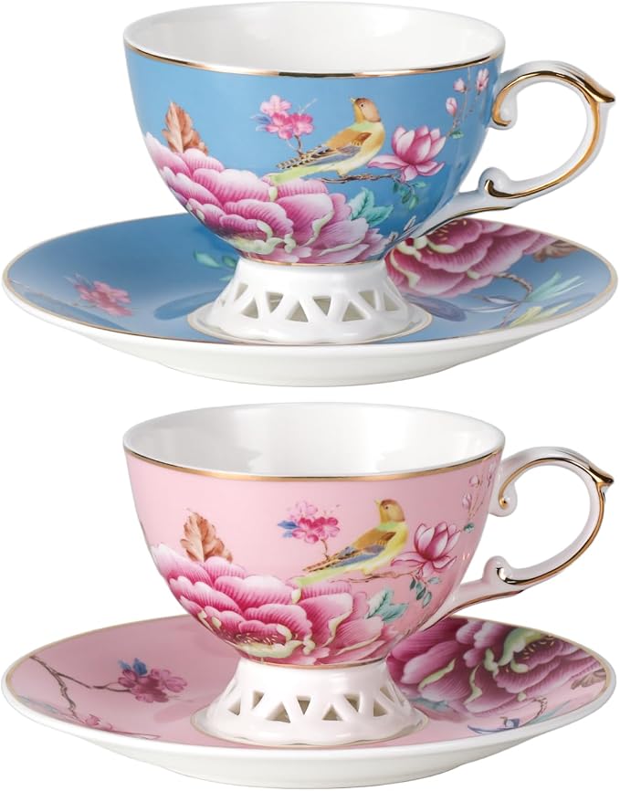 KAMMAK Tea Cups and Saucers Set of 2, Fine Bone China Coffee Cups, GH019 | by KAMMAK