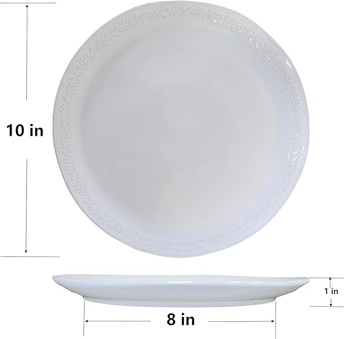 10 Inch Ceramic Dinner Plates Set of 4, Embossed Vintage White Dishes - Microwave & Dishwasher Safe Porcelain for Portion Control, Salad, Pasta - Scratch Resistant Farmhouse Dinnerware