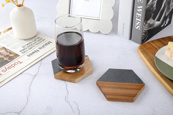 Wood Black Marble Coasters for Drinks, Modern Rustic Acacia Hexagon Coaster Set Decorative Bar Coaster for Coffee Wooden Table Beer Mug Christmas Housewarming Wedding Home Decor 4Pcs