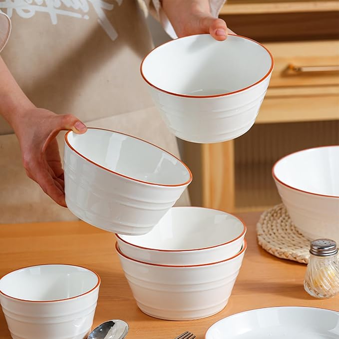 Ceramic Bowls Set of 6, 27oz Deep Soup Bowls for Kitchen Large 6 Inch Bowl for Oatmeal, Cereal,Pasta, Fruit, Salad, Ramen, and Rice Dishwasher & Microwave Safe