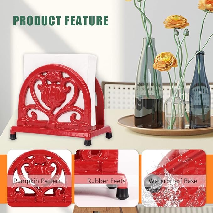 Napkin Holder for Table - Vintage Farmhouse Kitchen Restaurant Cast Iron Napkin Holder for Dinner Cocktail Paper Napkins, Red