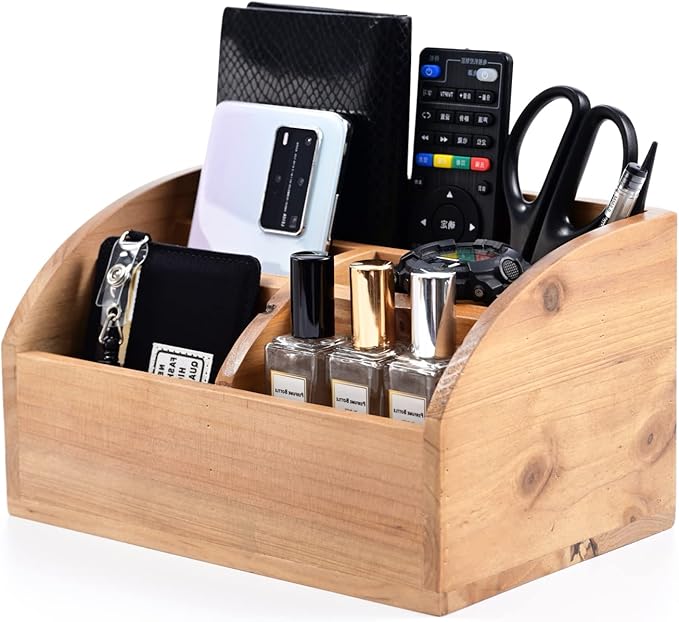 BONNY DODO Remote Control Holders Organizer Box for Table Small Solid Wooden Desk Farmhouse Home Decor Caddy Basket Store ipad for Media Player,Pencil,Glassees&Office Supplies (Wood-M, M)