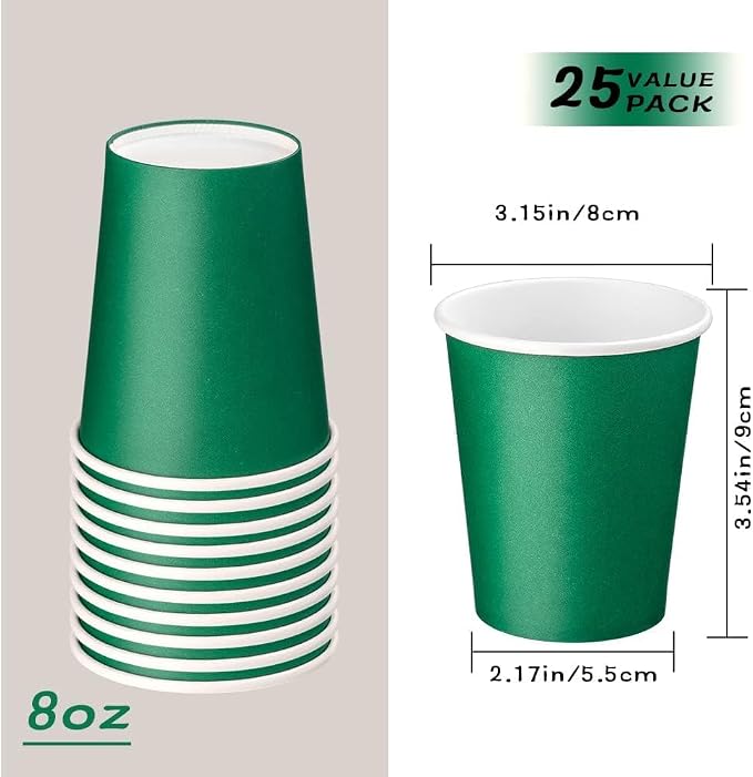 25 Pack 8 oz Paper Cups, Beverage Cups | Disposable Paper Cups - Image 2