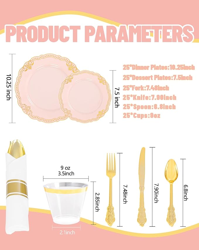 Ciaell 350 PCS Pink Plastic Plates - Pink and Gold Disposable Plates Include 50 Disposable Plate, 150 Heavy Duty Silverware, 50 Cups, 50 Napkins for Wedding & Party & Anniversary & Valentine's Day