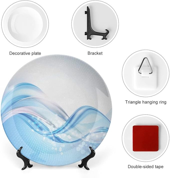 Ceramic Plates, Abstract Decorative Ceramic Plates, Modern Wavy Ocean Surfer Summertime Themed, 8 Inch, for Dining, Parties, Wedding, Pale Blue and White