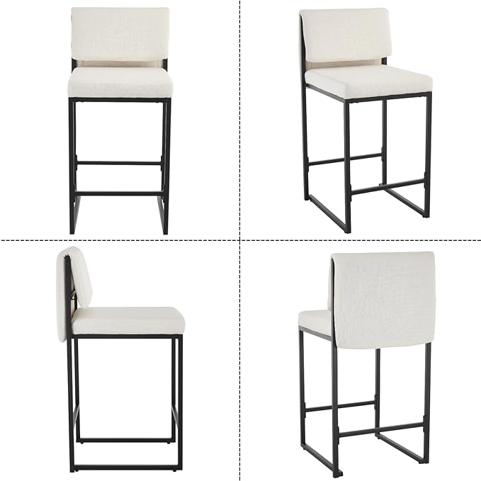 Modern Barstools Set of 2, 26” Upholstered Counter Height Bar Stools Linen Fabric Counter Stools with Padded Back Metal Frame for Kitchen Island Dining Room, Beige