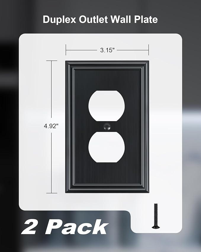 2-Pack Single Duplex Outlet Cover Plate, Decorative Black Switch Plates and Outlet Covers, Metal Wall Plates for Electrical Outlets, 1 Gang Receptacle Cover, Corrosion Resistant