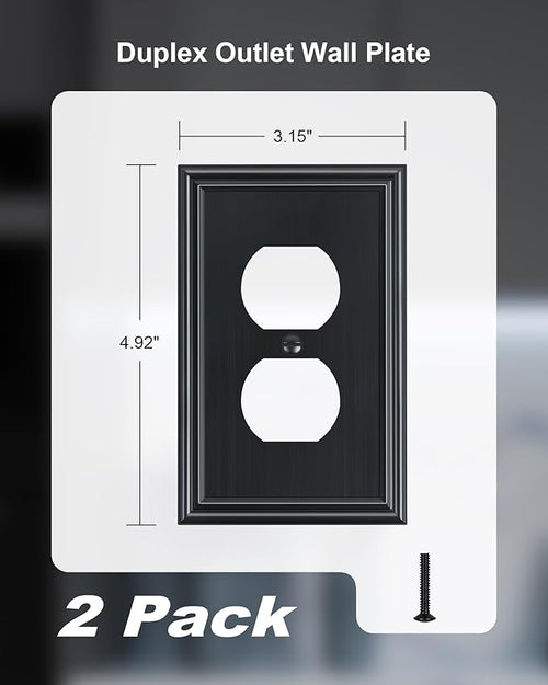 2-Pack Single Duplex Outlet Cover Plate, Decorative Black Switch Plates and Outlet Covers, Metal Wall Plates for Electrical Outlets, 1 Gang Receptacle Cover, Corrosion Resistant
