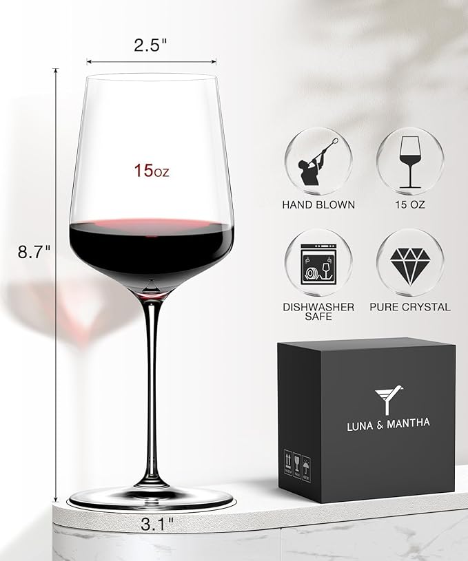 LUNA & MANTHA Wine Glasses Set of 6, 15 oz Crystal Red Wine Glass with Stem, Hand Blown, Ideal for Daily Use, Party, Great Gift for Birthdays, Christmas